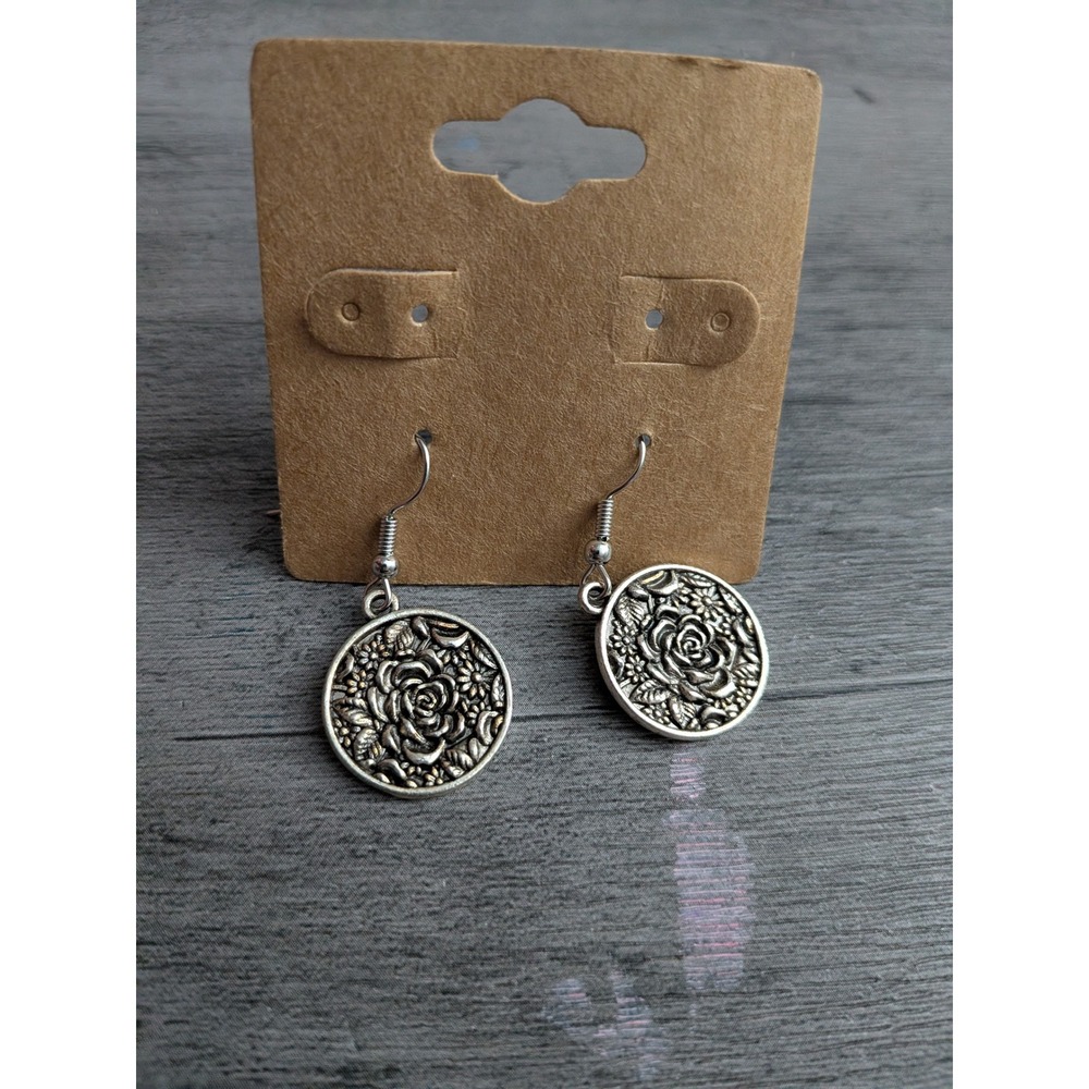 Silver Tone Embossed Rose Floral Medallion Drop Dangle Earrings Bohemian Style